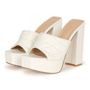 Women's Platform quilted block heels sandals designer inspired white DDK